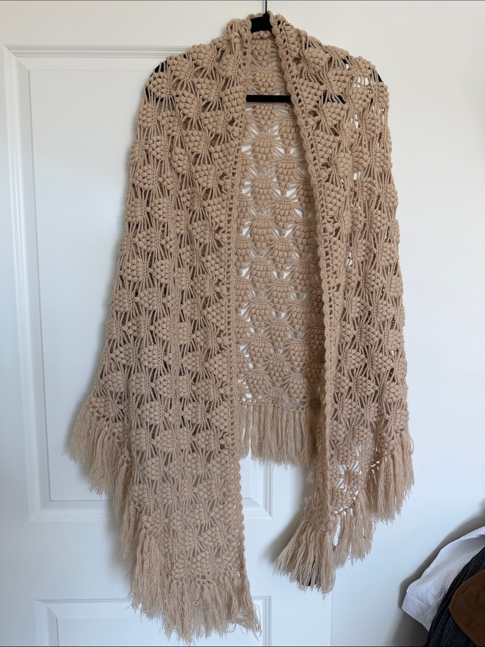 Vintage Beige Crochet Fringe Poncho Shawl